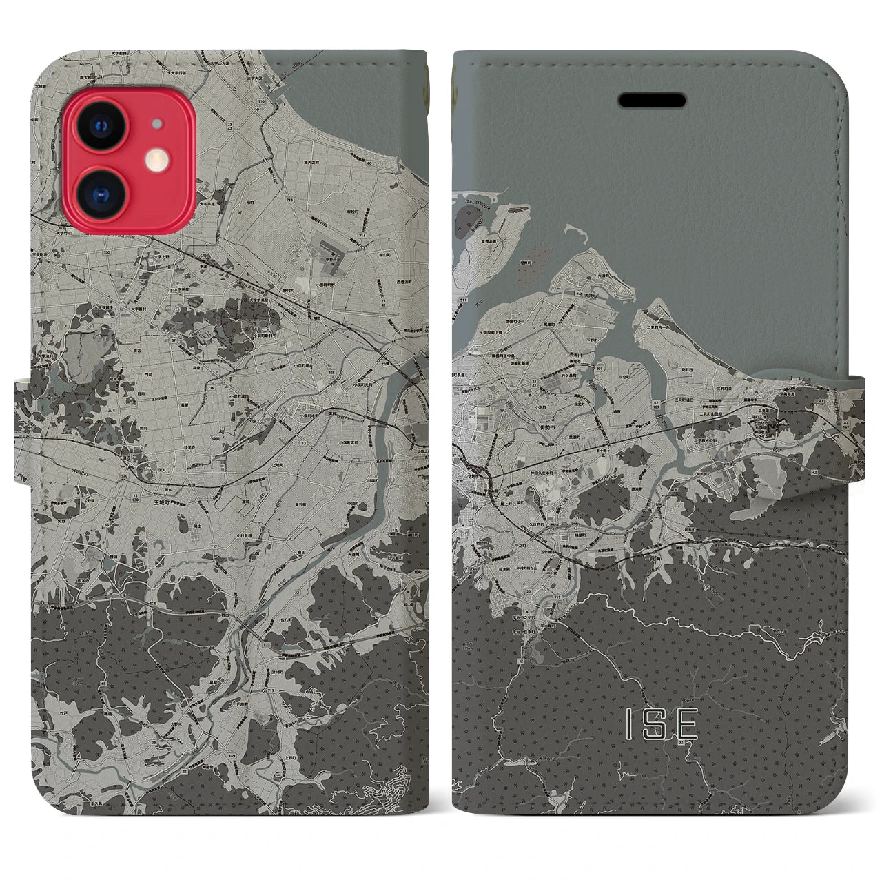 【伊勢(三重県)】地図柄iPhoneケース(手帳タイプ)モノトーン・iPhone 11 用