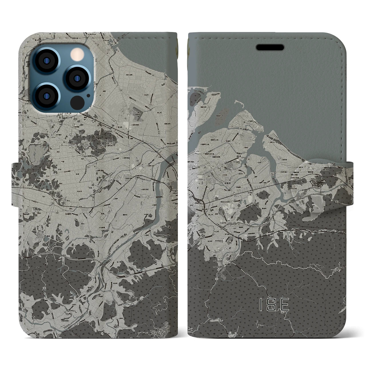 【伊勢(三重県)】地図柄iPhoneケース(手帳タイプ)モノトーン・iPhone 12 / 12 Pro 用