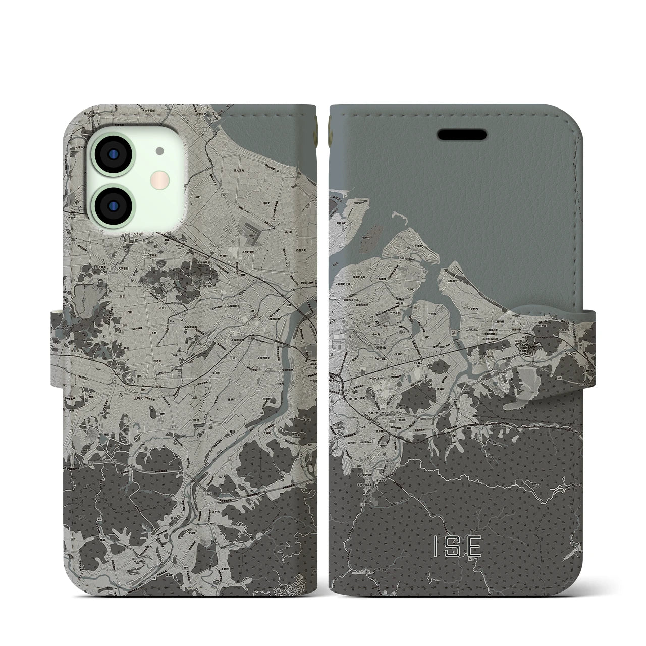 【伊勢(三重県)】地図柄iPhoneケース(手帳タイプ)モノトーン・iPhone 12 mini 用