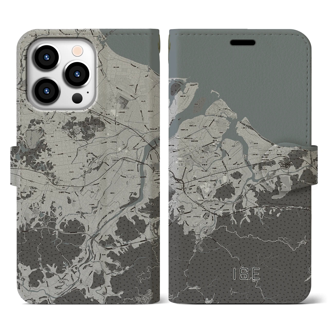 【伊勢(三重県)】地図柄iPhoneケース(手帳タイプ)モノトーン・iPhone 13 Pro 用