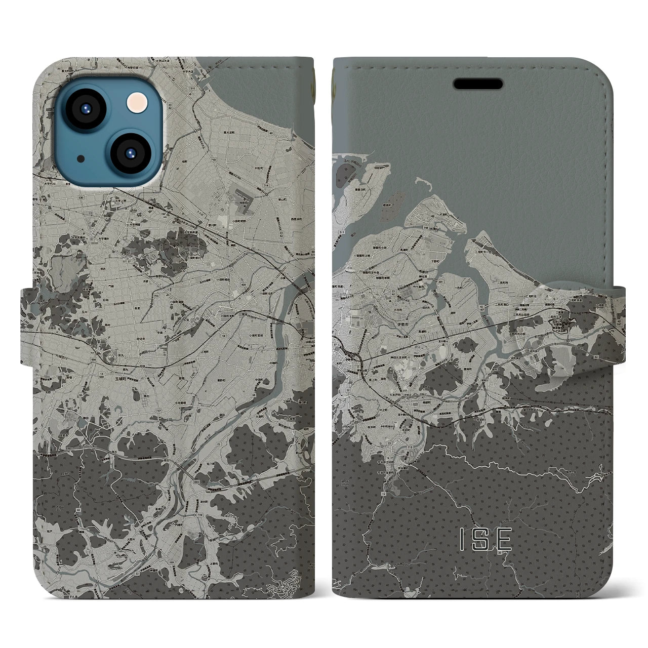 【伊勢(三重県)】地図柄iPhoneケース(手帳タイプ)モノトーン・iPhone 13 用