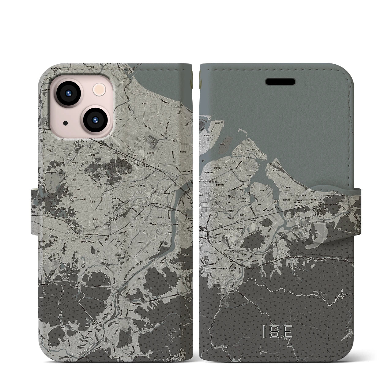 【伊勢(三重県)】地図柄iPhoneケース(手帳タイプ)モノトーン・iPhone 13 mini 用