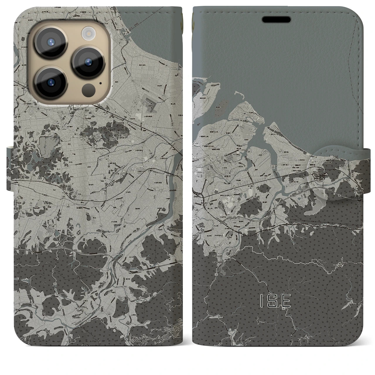 【伊勢(三重県)】地図柄iPhoneケース(手帳タイプ)モノトーン・iPhone 14 Pro Max 用