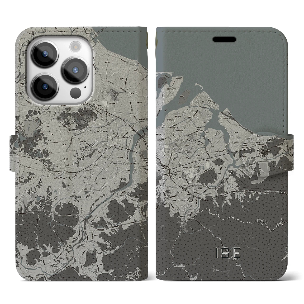 【伊勢(三重県)】地図柄iPhoneケース(手帳タイプ)モノトーン・iPhone 14 Pro 用