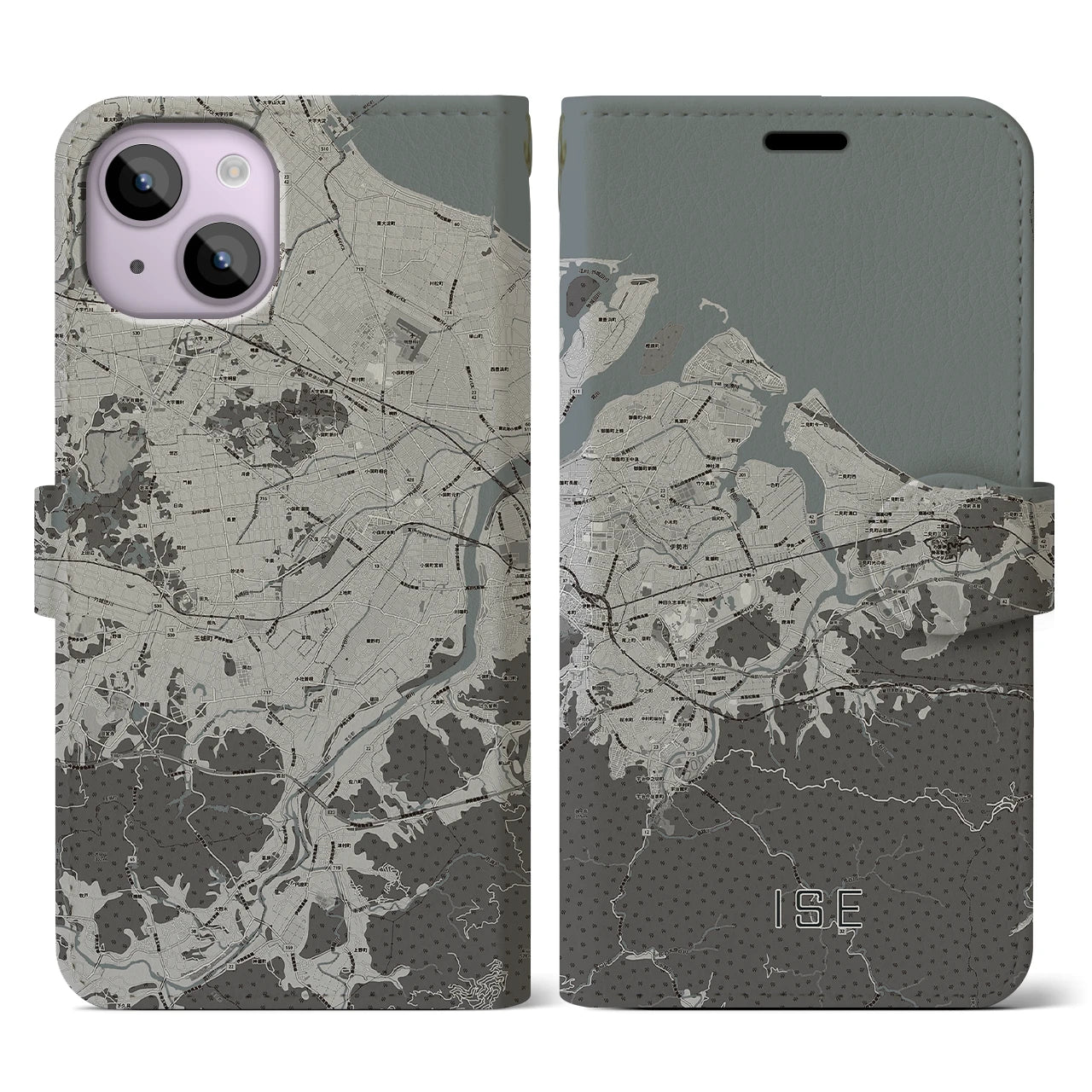 【伊勢(三重県)】地図柄iPhoneケース(手帳タイプ)モノトーン・iPhone 14 用