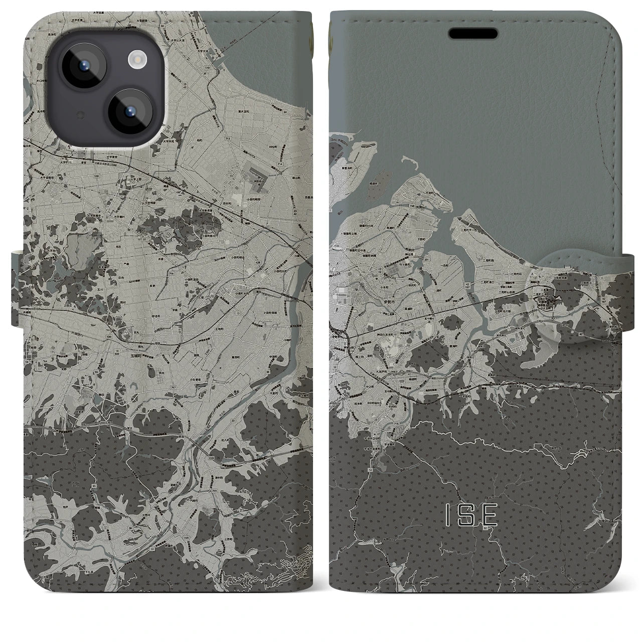 【伊勢(三重県)】地図柄iPhoneケース(手帳タイプ)モノトーン・iPhone 14 Plus 用