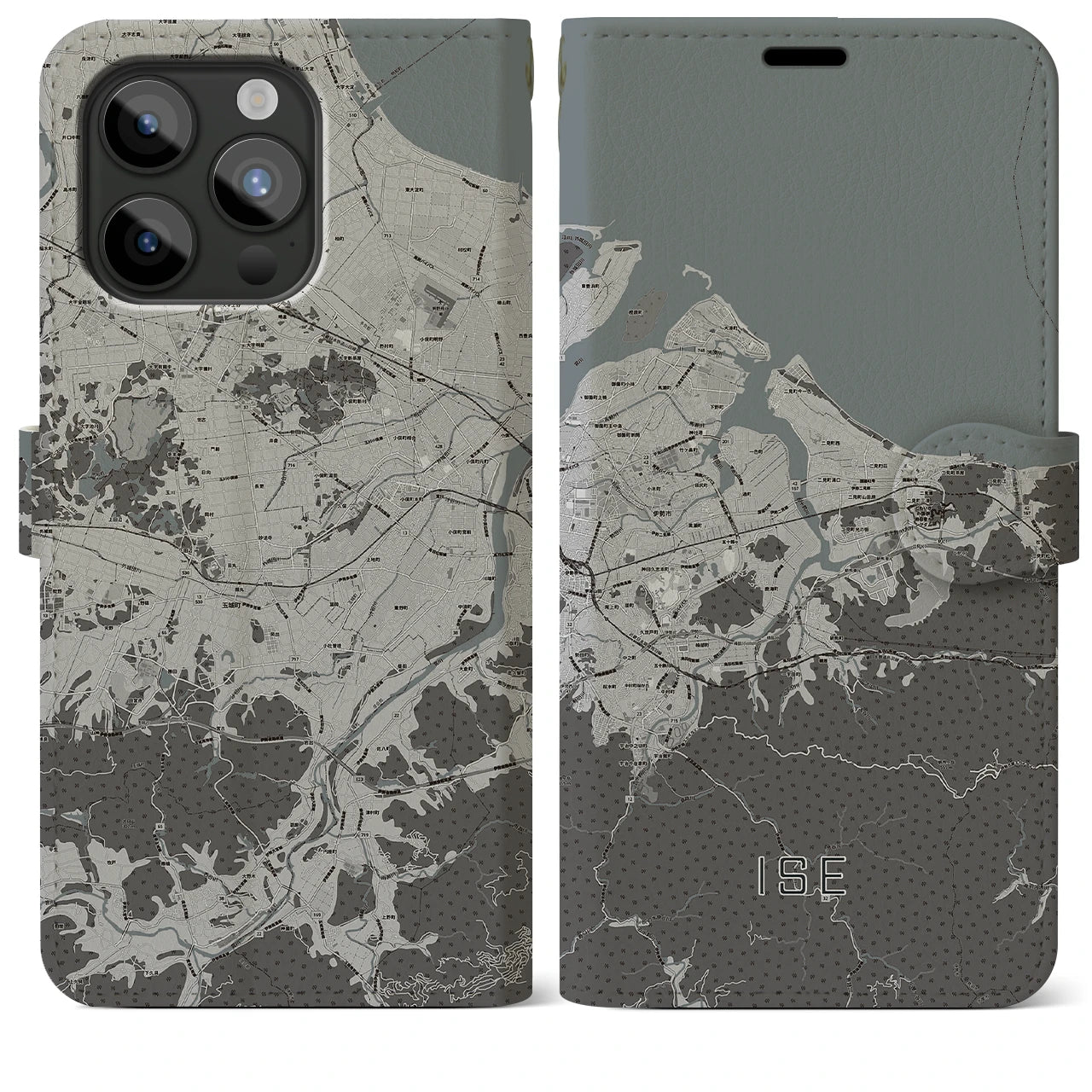 【伊勢(三重県)】地図柄iPhoneケース(手帳タイプ)モノトーン・iPhone 15 Pro Max 用