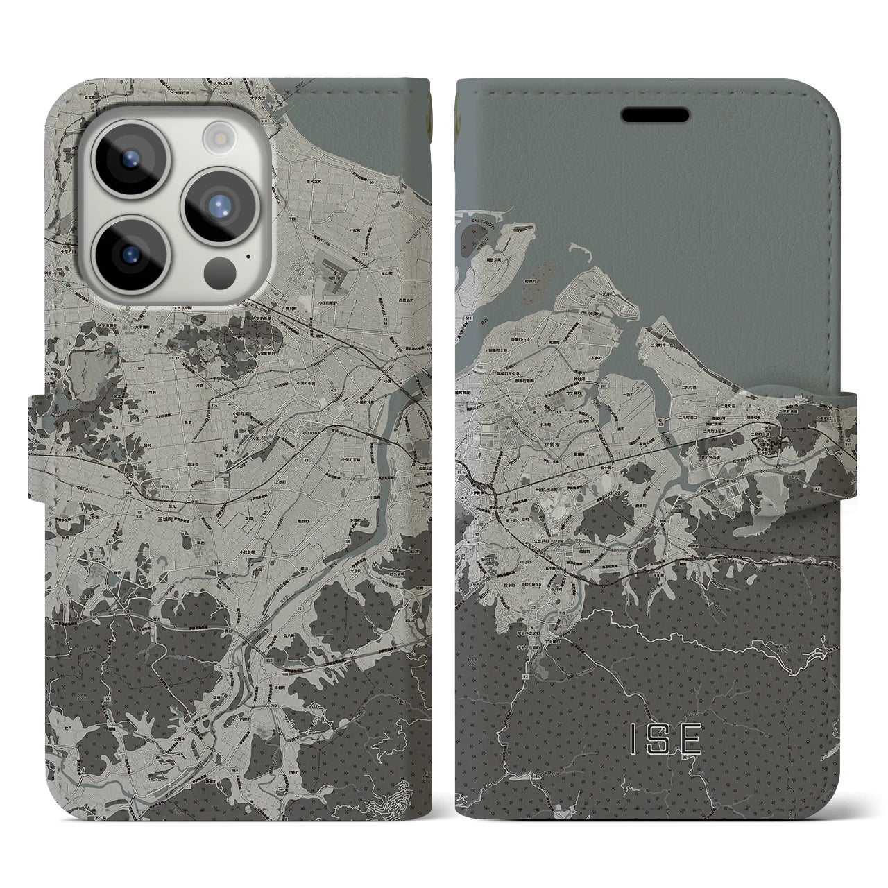 【伊勢(三重県)】地図柄iPhoneケース(手帳タイプ)モノトーン・iPhone 15 Pro 用