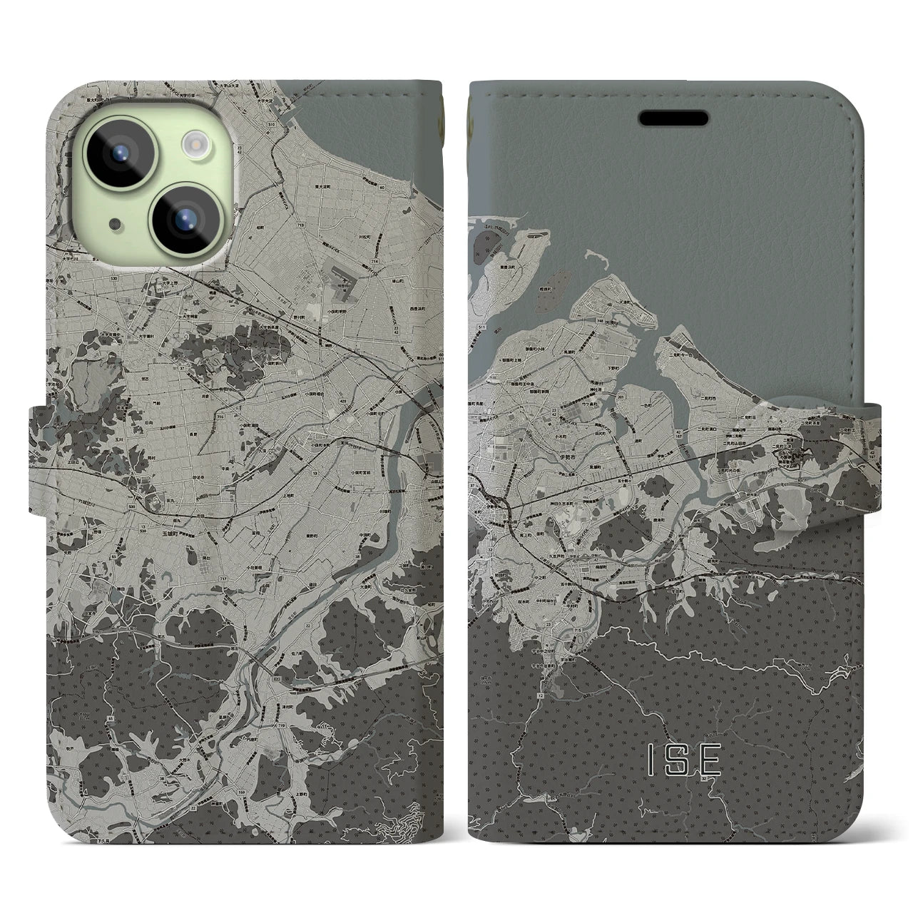 【伊勢(三重県)】地図柄iPhoneケース(手帳タイプ)モノトーン・iPhone 15 用