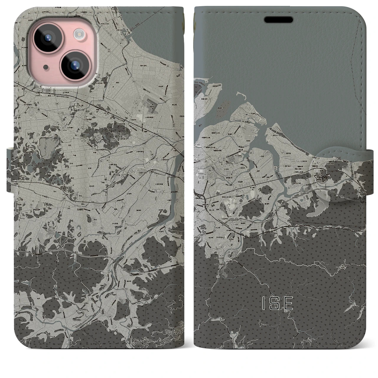 【伊勢(三重県)】地図柄iPhoneケース(手帳タイプ)モノトーン・iPhone 15 Plus 用