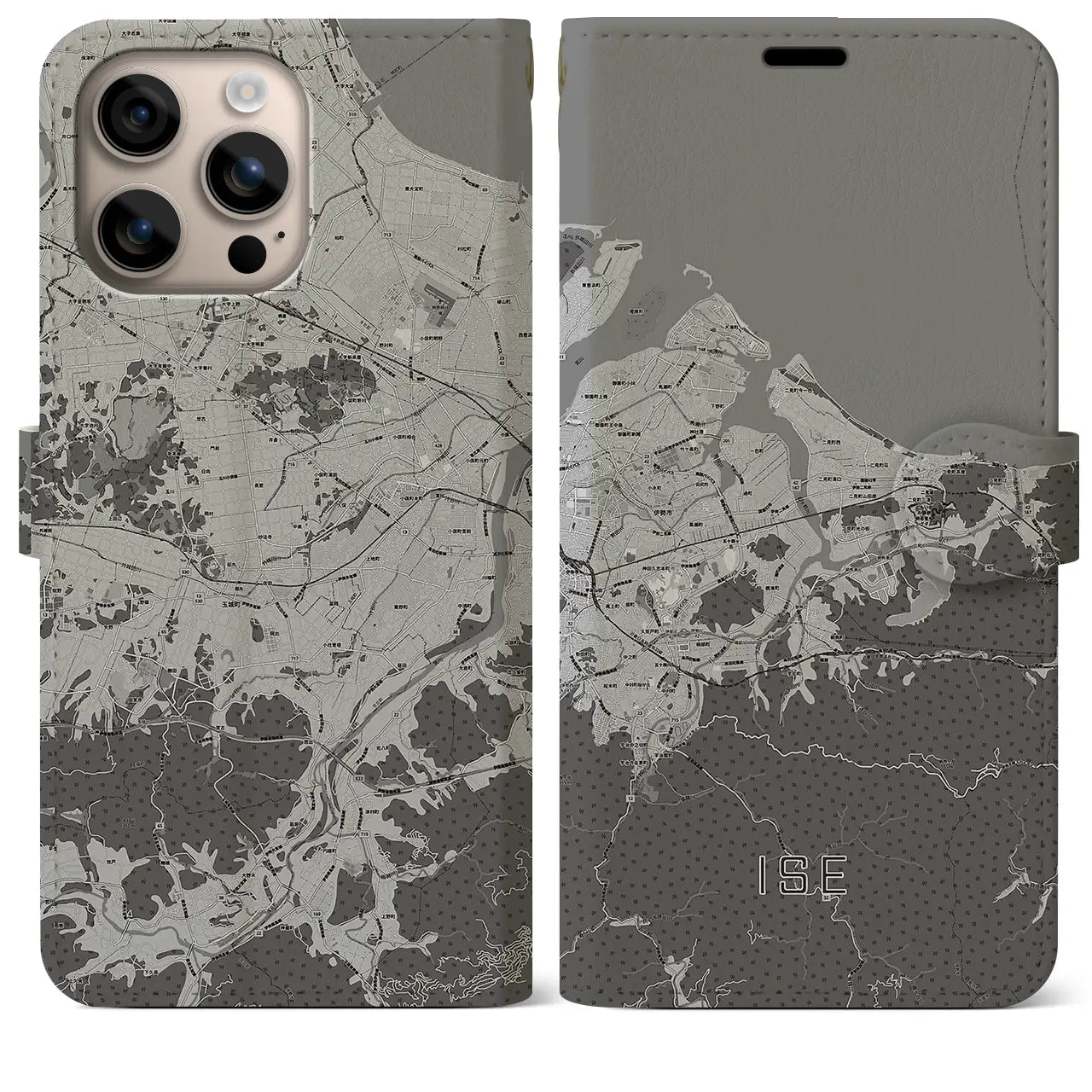 【伊勢(三重県)】地図柄iPhoneケース(手帳タイプ)モノトーン・iPhone 16 Plus 用