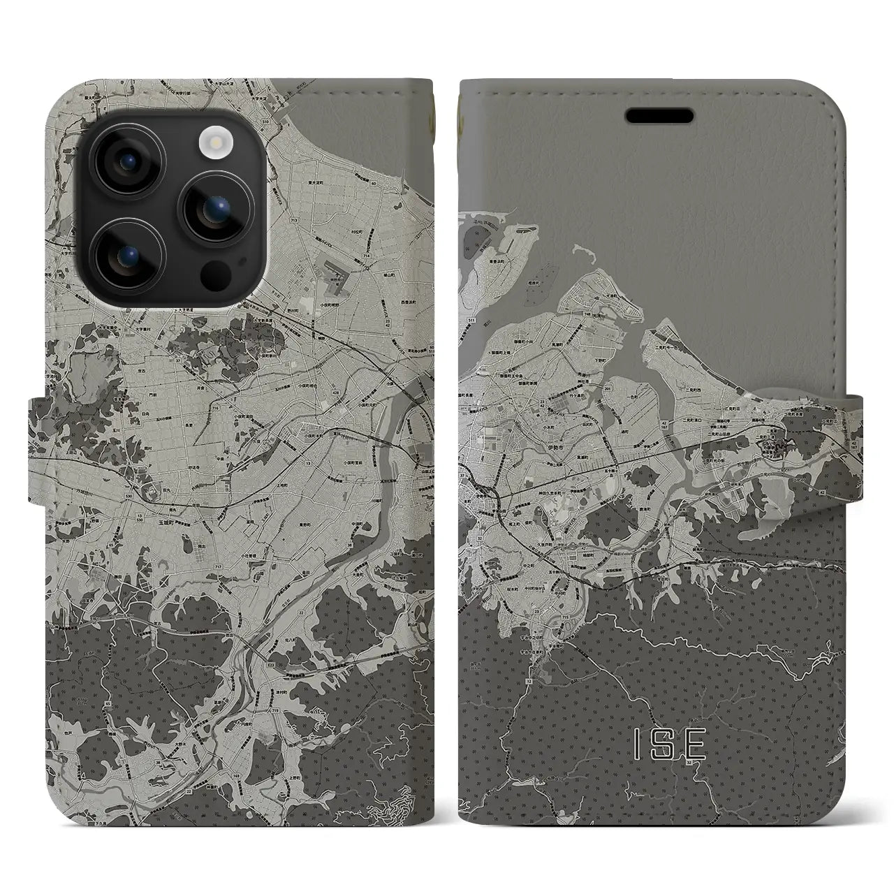 【伊勢(三重県)】地図柄iPhoneケース(手帳タイプ)モノトーン・iPhone 16 用