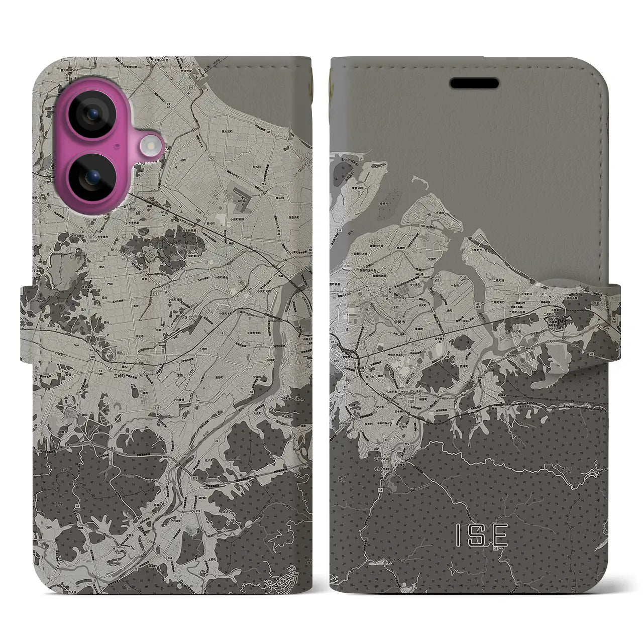 【伊勢(三重県)】地図柄iPhoneケース(手帳タイプ)モノトーン・iPhone 16 Pro 用