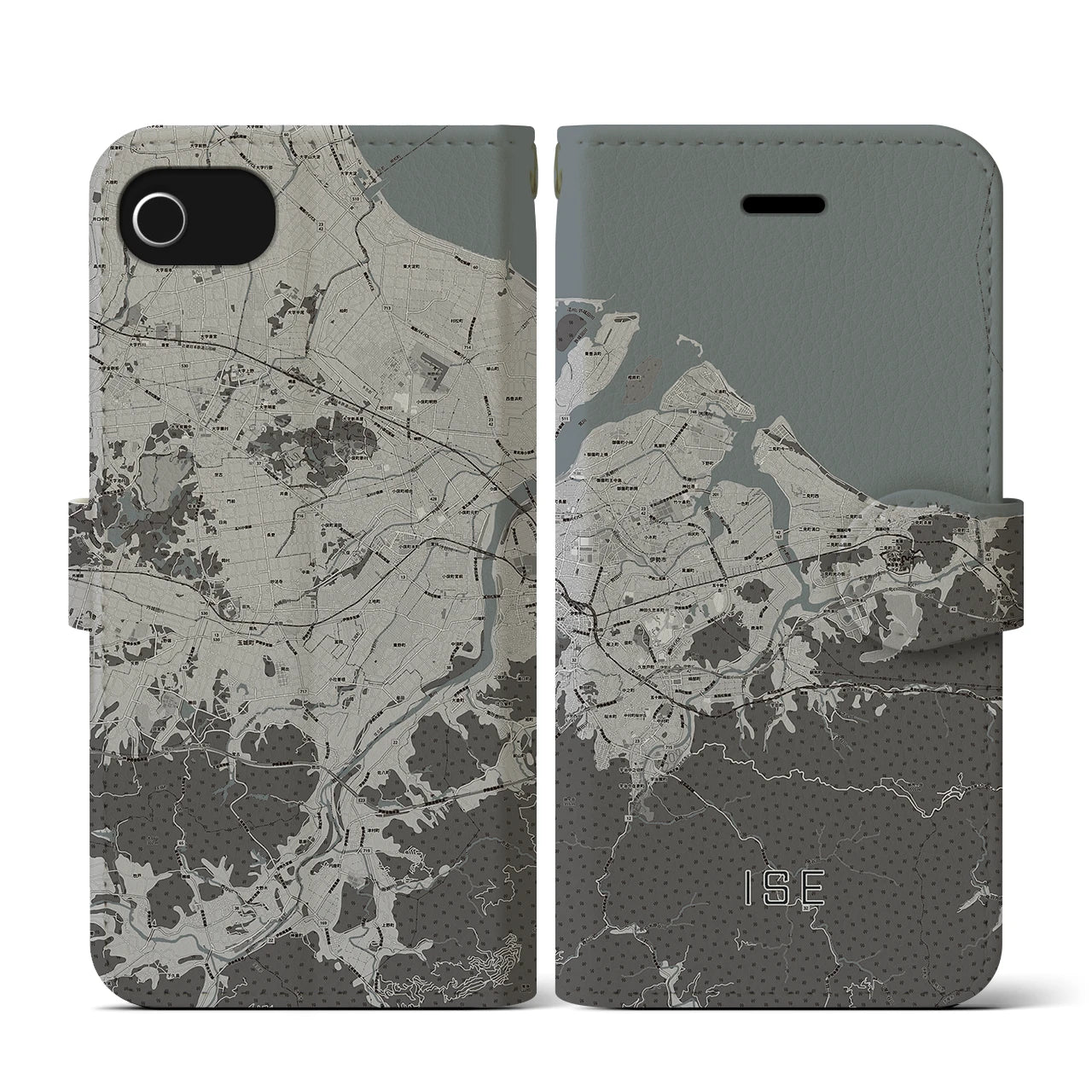 【伊勢(三重県)】地図柄iPhoneケース(手帳タイプ)モノトーン・iPhone SE(第3 / 第2世代) / 8 / 7 / 6s / 6 用