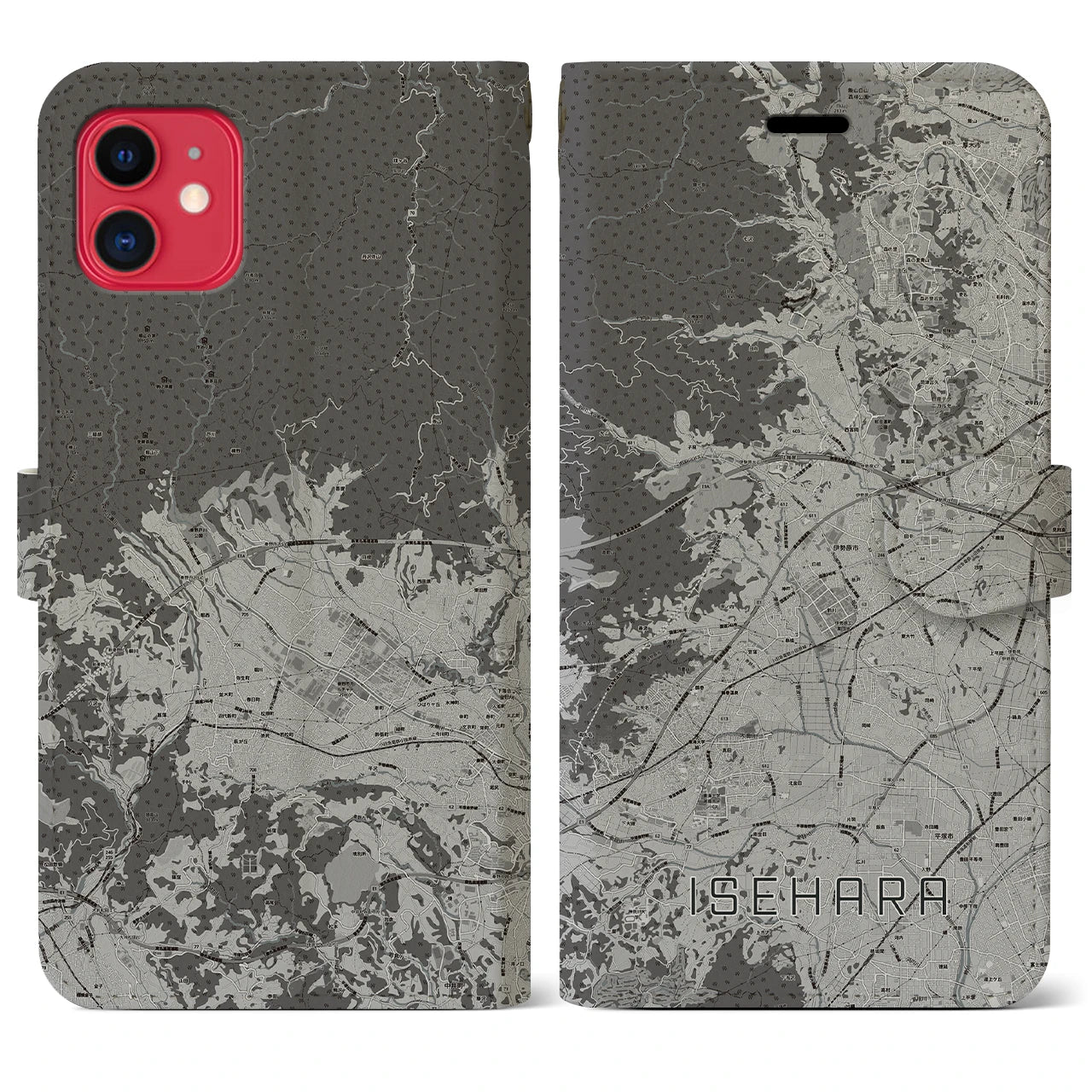 【伊勢原(神奈川県)】地図柄iPhoneケース(手帳タイプ)モノトーン・iPhone 11 用