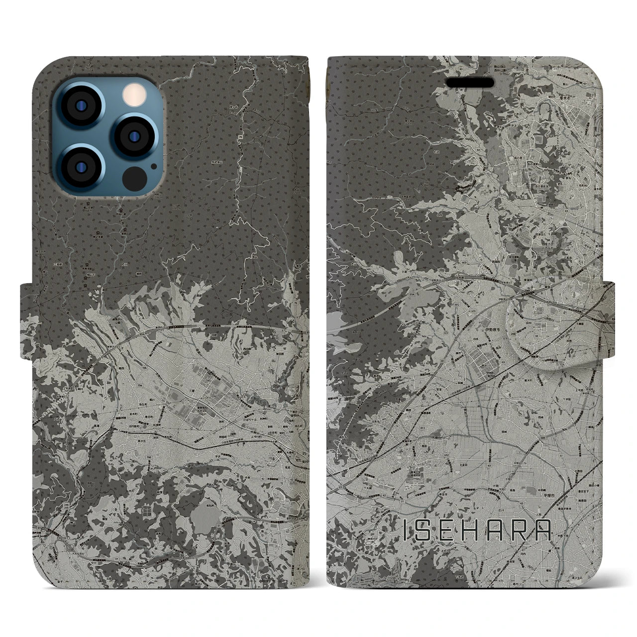 【伊勢原(神奈川県)】地図柄iPhoneケース(手帳タイプ)モノトーン・iPhone 12 / 12 Pro 用