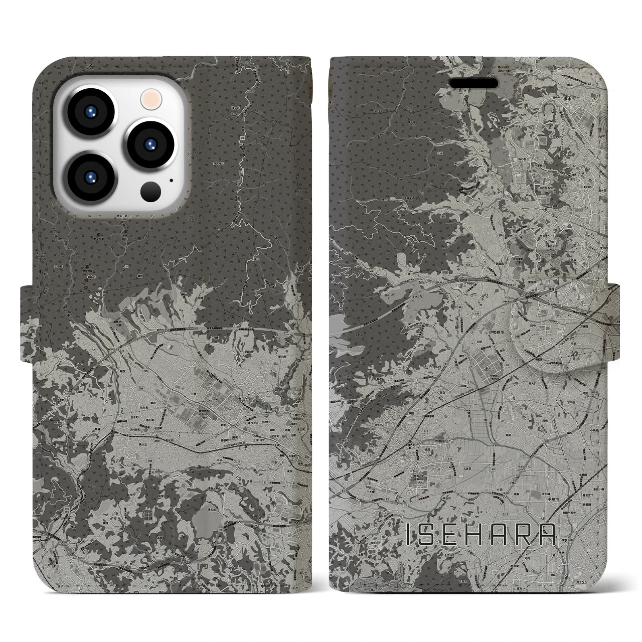 【伊勢原(神奈川県)】地図柄iPhoneケース(手帳タイプ)モノトーン・iPhone 13 Pro 用