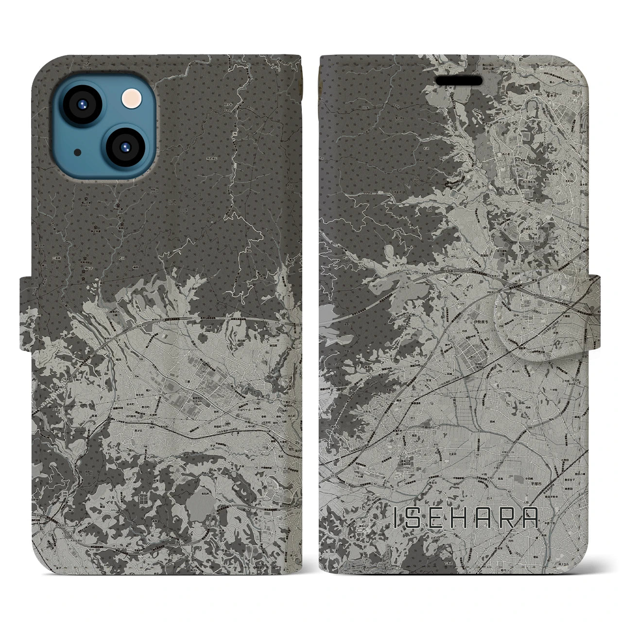 【伊勢原(神奈川県)】地図柄iPhoneケース(手帳タイプ)モノトーン・iPhone 13 用