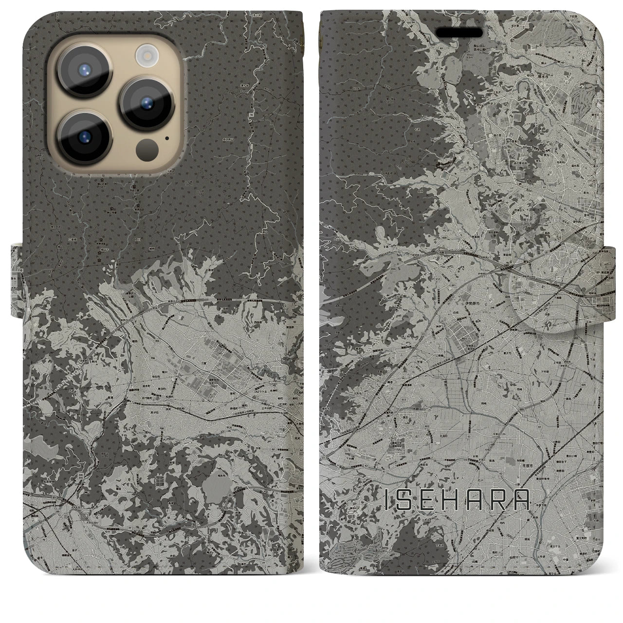 【伊勢原(神奈川県)】地図柄iPhoneケース(手帳タイプ)モノトーン・iPhone 14 Pro Max 用