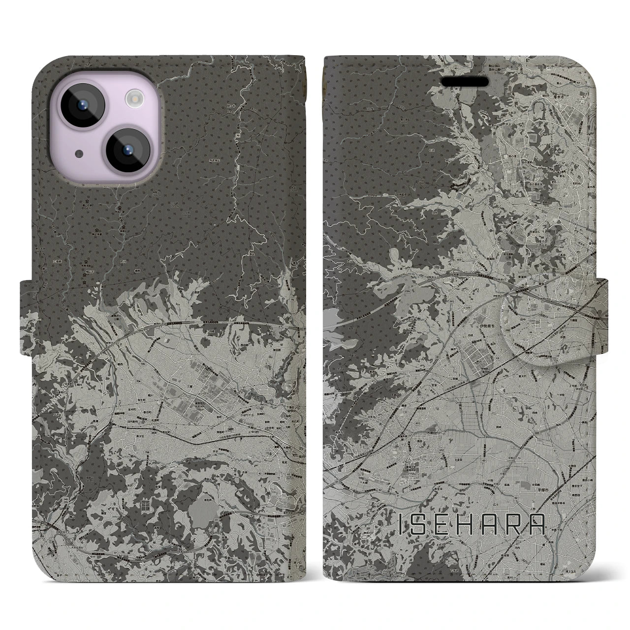 【伊勢原(神奈川県)】地図柄iPhoneケース(手帳タイプ)モノトーン・iPhone 14 用