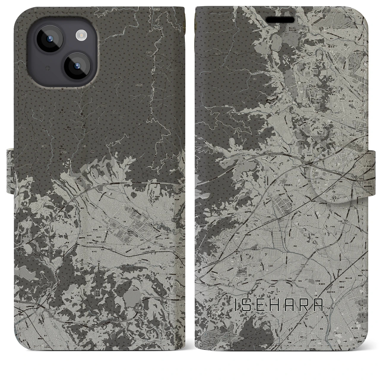 【伊勢原(神奈川県)】地図柄iPhoneケース(手帳タイプ)モノトーン・iPhone 14 Plus 用