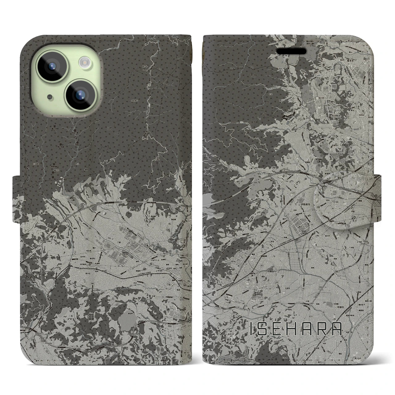 【伊勢原(神奈川県)】地図柄iPhoneケース(手帳タイプ)モノトーン・iPhone 15 用