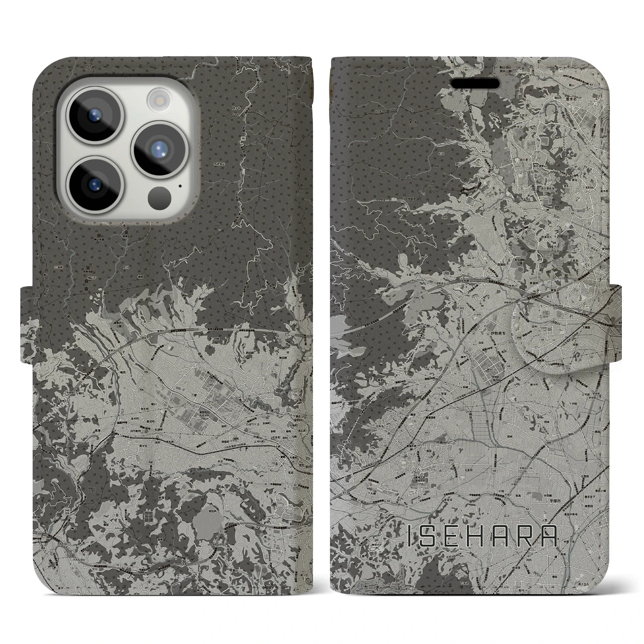 【伊勢原(神奈川県)】地図柄iPhoneケース(手帳タイプ)モノトーン・iPhone 15 Pro 用