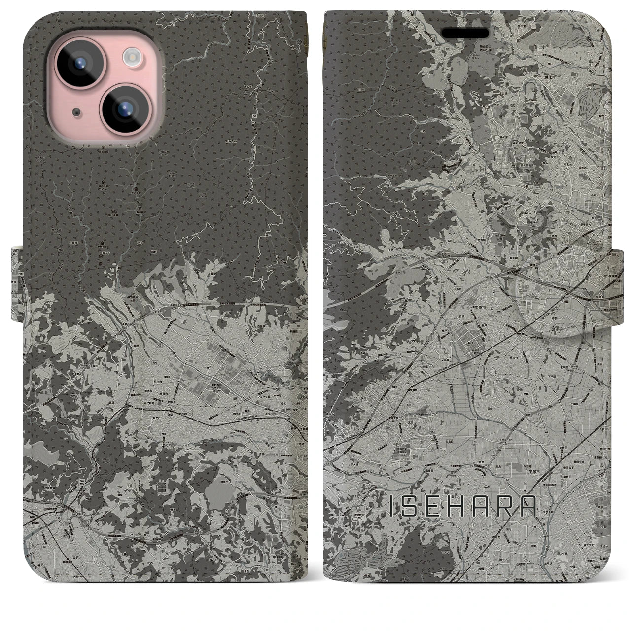 【伊勢原(神奈川県)】地図柄iPhoneケース(手帳タイプ)モノトーン・iPhone 15 Plus 用
