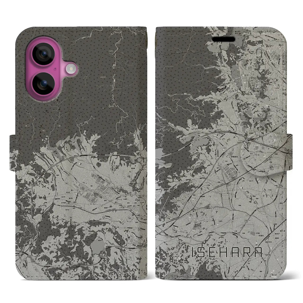 【伊勢原(神奈川県)】地図柄iPhoneケース(手帳タイプ)モノトーン・iPhone 16 Pro 用