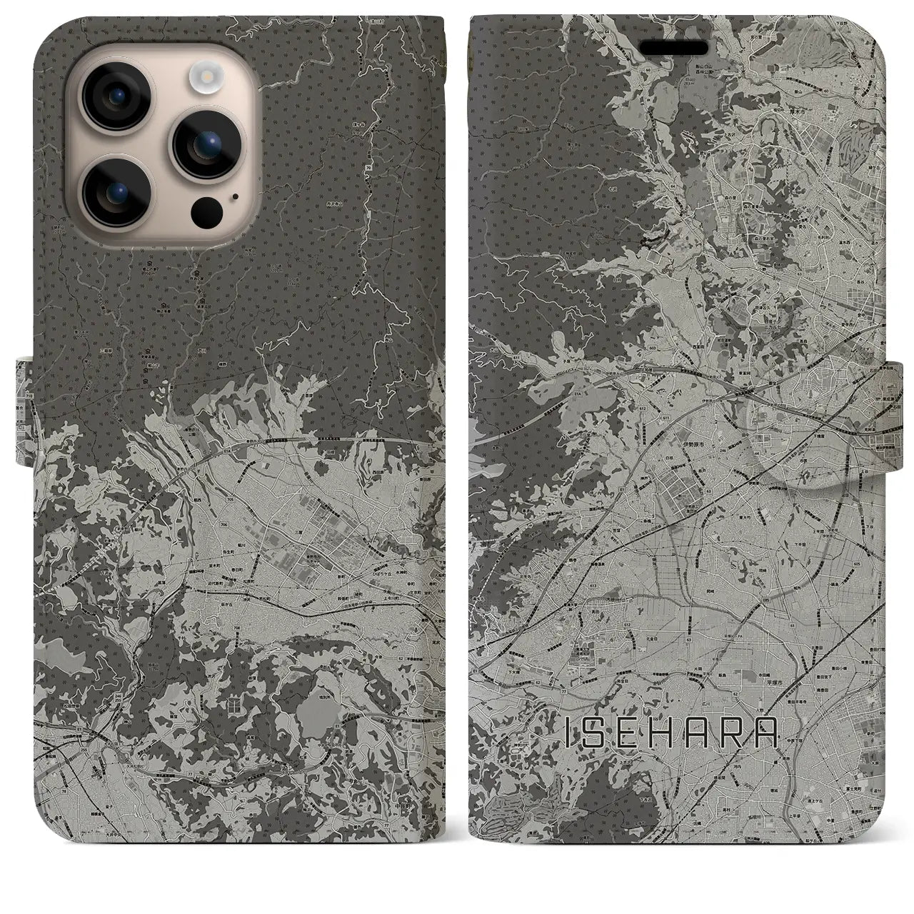 【伊勢原(神奈川県)】地図柄iPhoneケース(手帳タイプ)モノトーン・iPhone 16 Plus 用