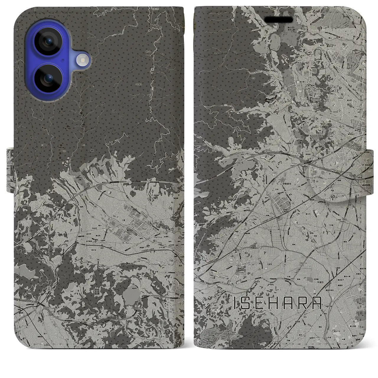 【伊勢原(神奈川県)】地図柄iPhoneケース(手帳タイプ)モノトーン・iPhone 16 Pro Max 用