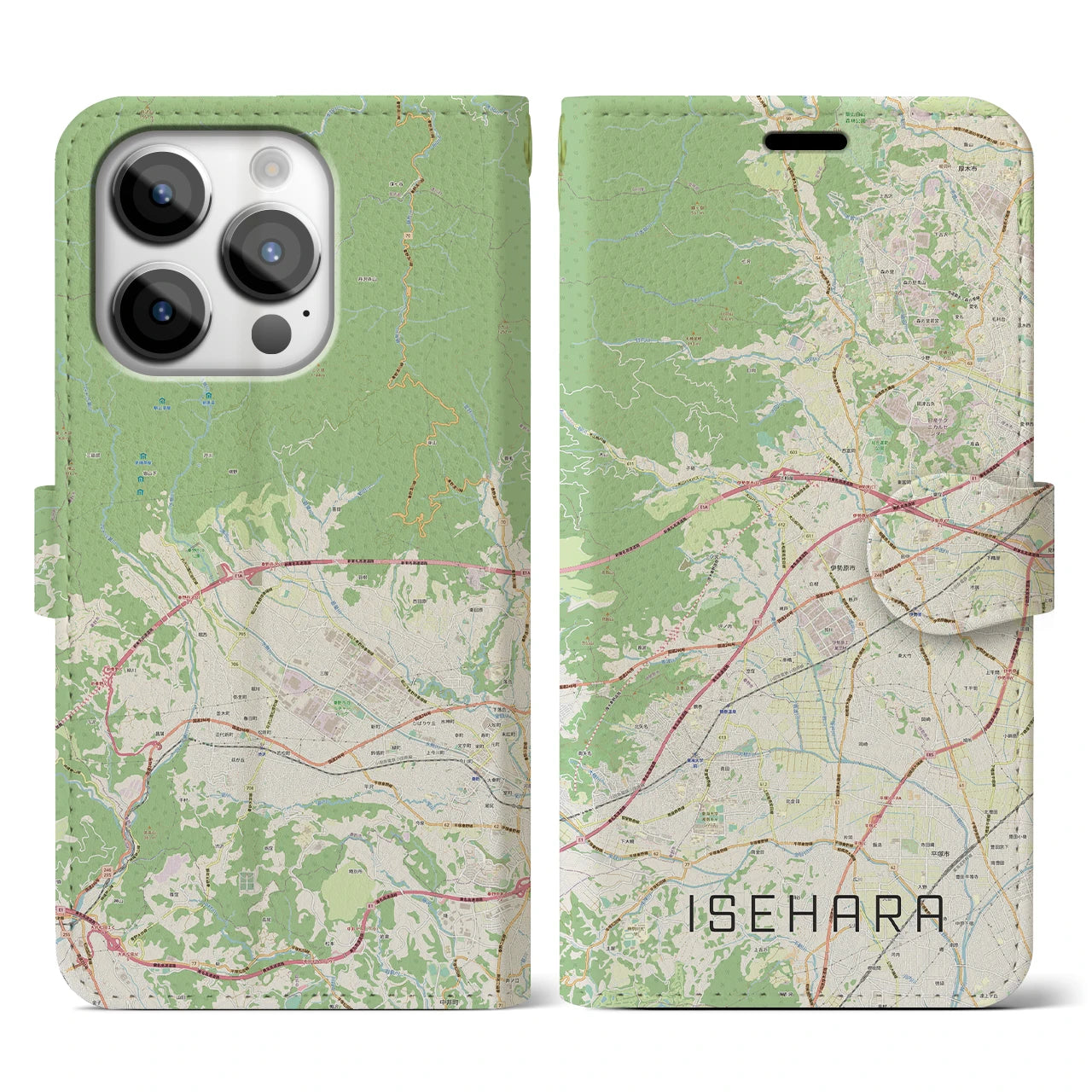 【伊勢原(神奈川県)】地図柄iPhoneケース(手帳タイプ)ナチュラル・iPhone 14 Pro 用