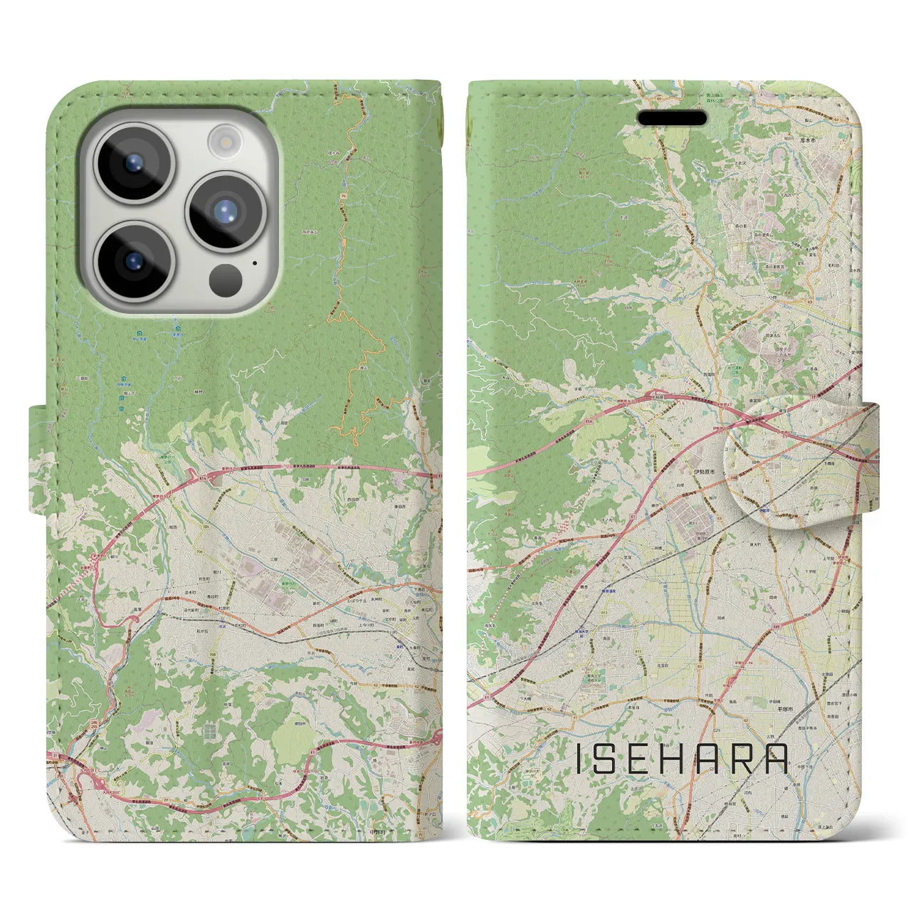 【伊勢原(神奈川県)】地図柄iPhoneケース(手帳タイプ)ナチュラル・iPhone 15 Pro 用