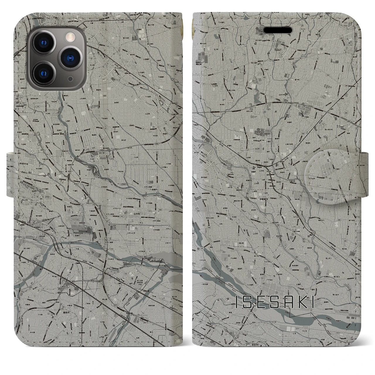 【伊勢崎(群馬県)】地図柄iPhoneケース(手帳タイプ)モノトーン・iPhone 11 Pro Max 用