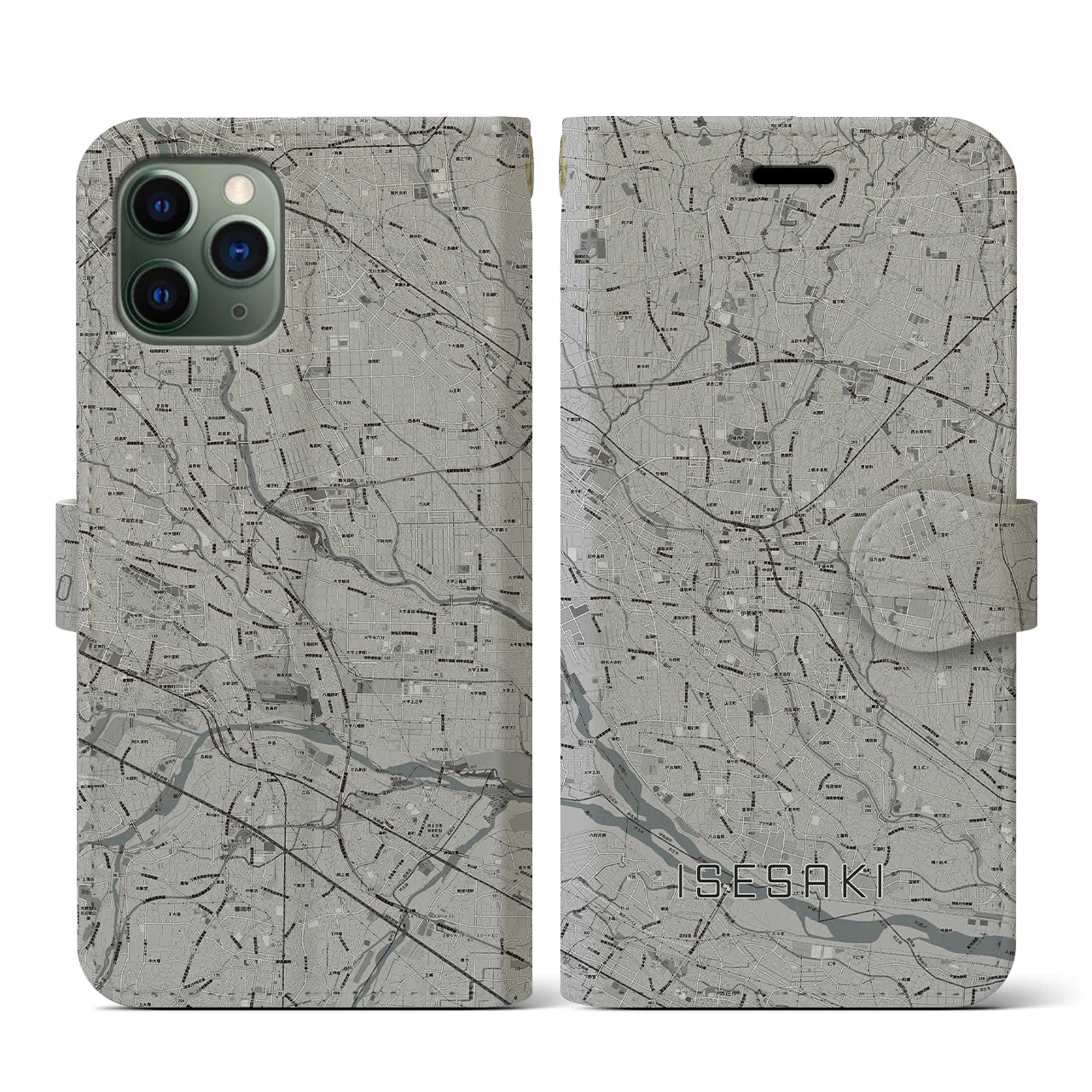 【伊勢崎(群馬県)】地図柄iPhoneケース(手帳タイプ)モノトーン・iPhone 11 Pro 用