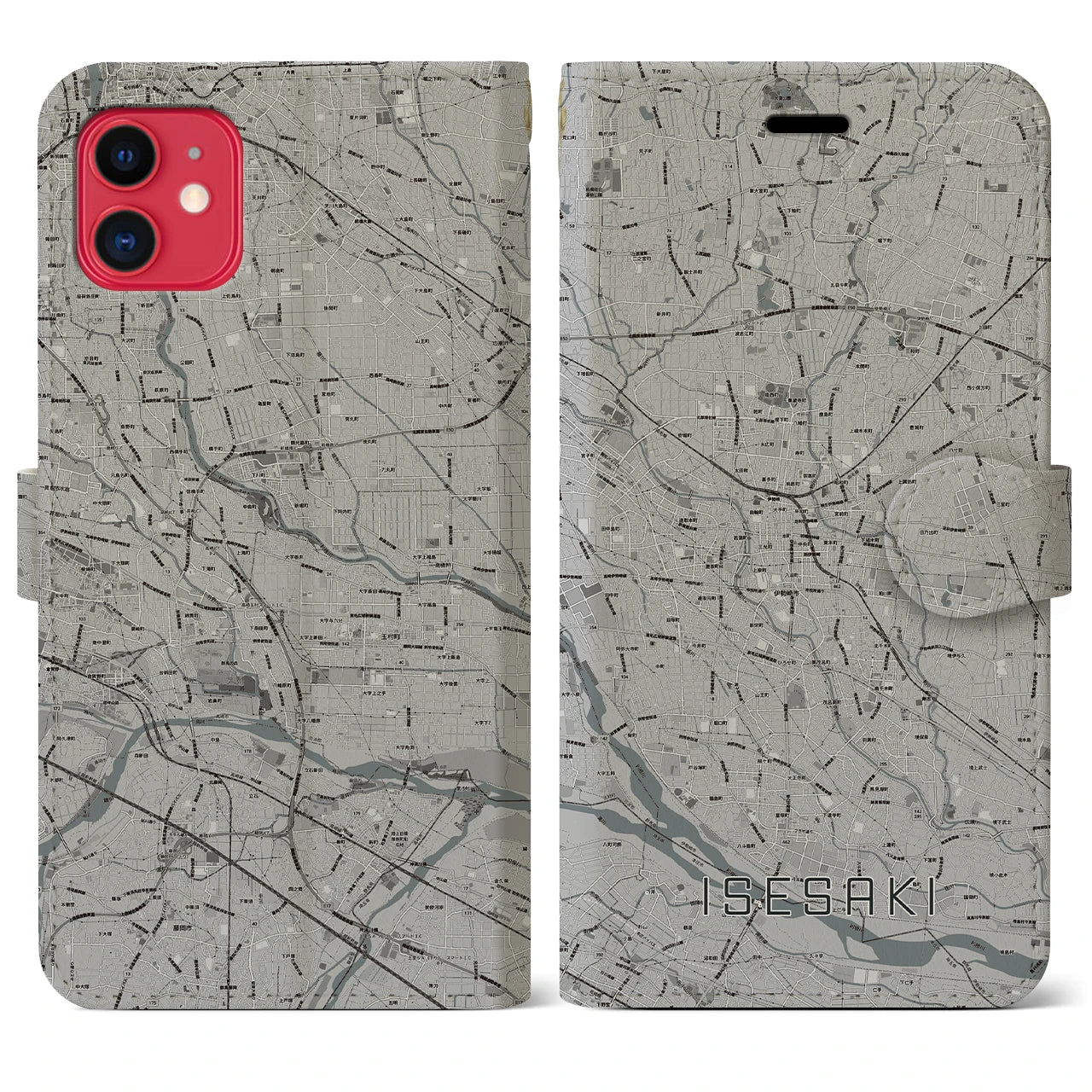 【伊勢崎(群馬県)】地図柄iPhoneケース(手帳タイプ)モノトーン・iPhone 11 用