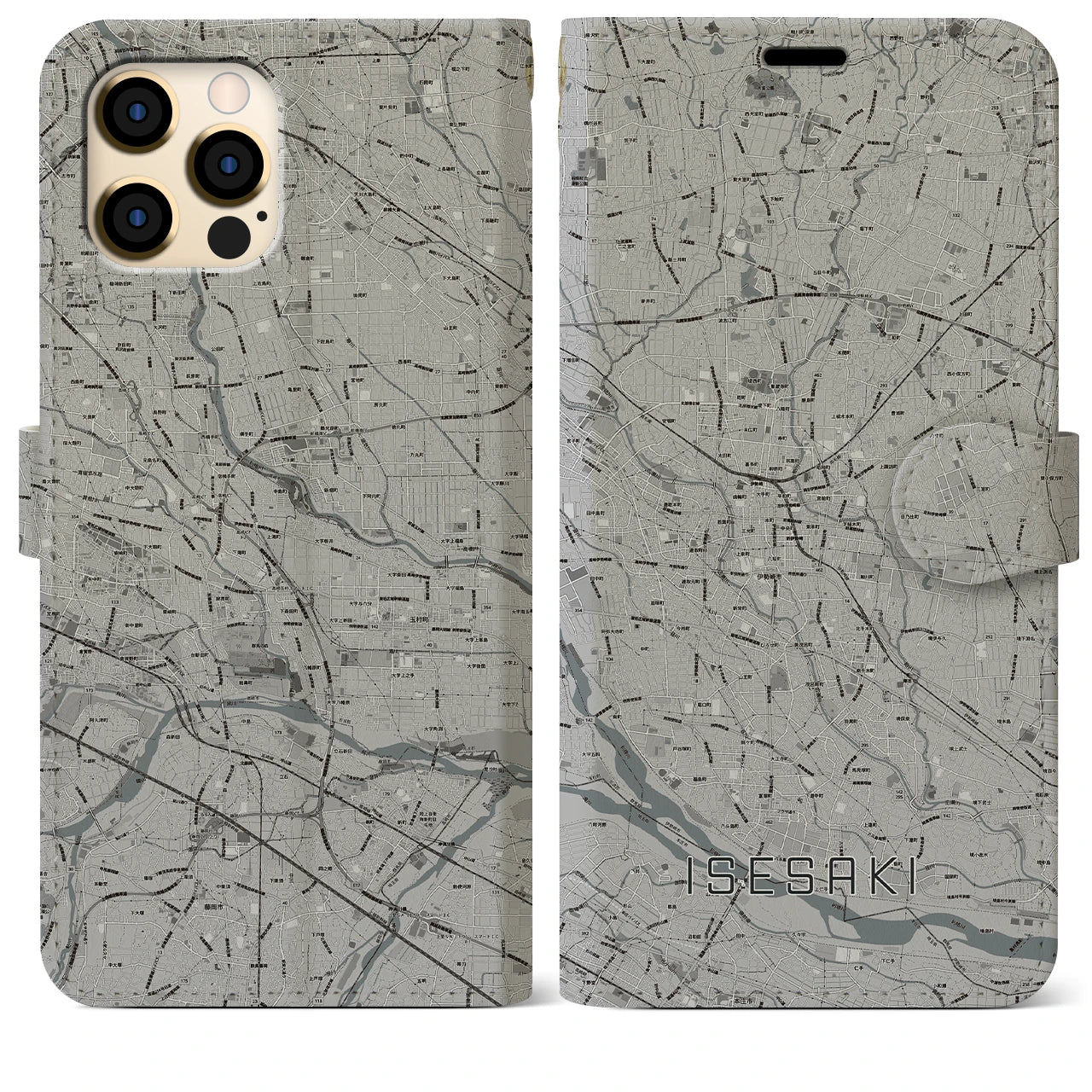 【伊勢崎(群馬県)】地図柄iPhoneケース(手帳タイプ)モノトーン・iPhone 12 Pro Max 用