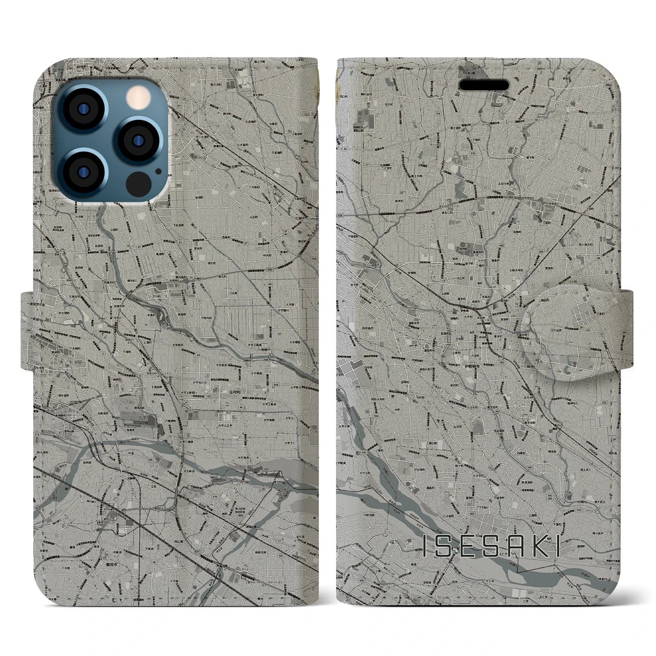 【伊勢崎(群馬県)】地図柄iPhoneケース(手帳タイプ)モノトーン・iPhone 12 / 12 Pro 用