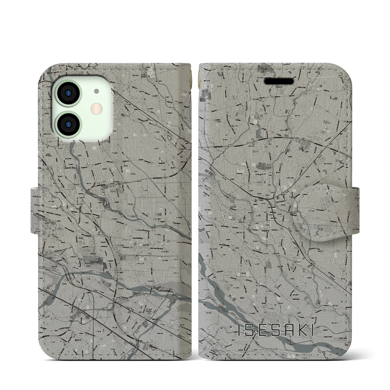 【伊勢崎(群馬県)】地図柄iPhoneケース(手帳タイプ)モノトーン・iPhone 12 mini 用