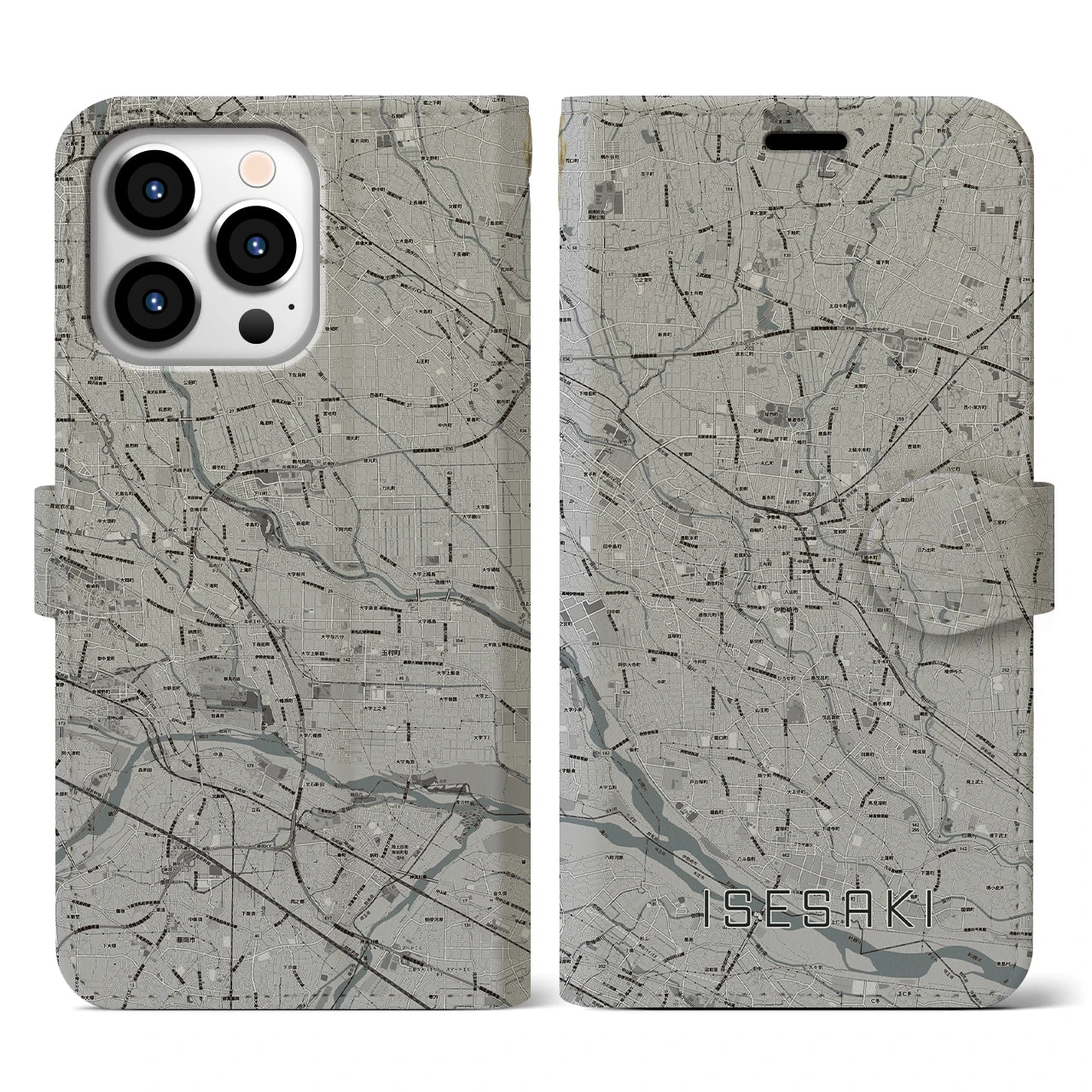 【伊勢崎(群馬県)】地図柄iPhoneケース(手帳タイプ)モノトーン・iPhone 13 Pro 用