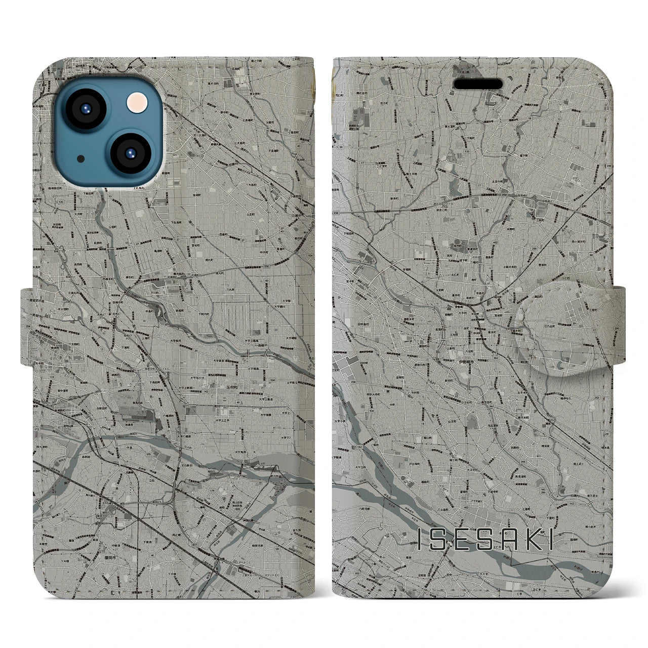 【伊勢崎(群馬県)】地図柄iPhoneケース(手帳タイプ)モノトーン・iPhone 13 用