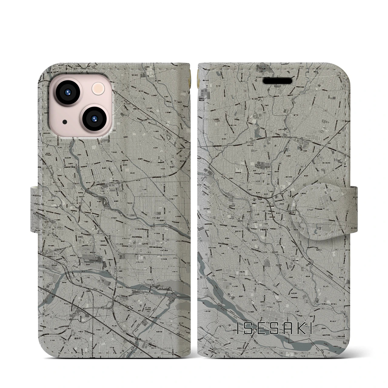 【伊勢崎(群馬県)】地図柄iPhoneケース(手帳タイプ)モノトーン・iPhone 13 mini 用