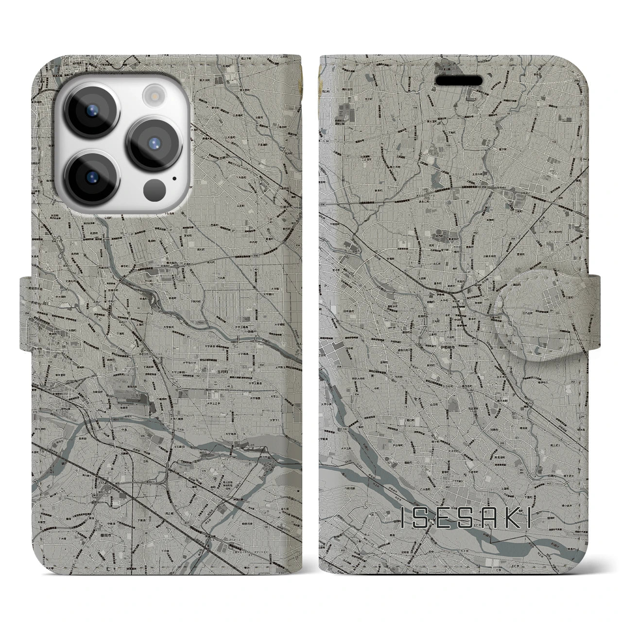 【伊勢崎(群馬県)】地図柄iPhoneケース(手帳タイプ)モノトーン・iPhone 14 Pro 用