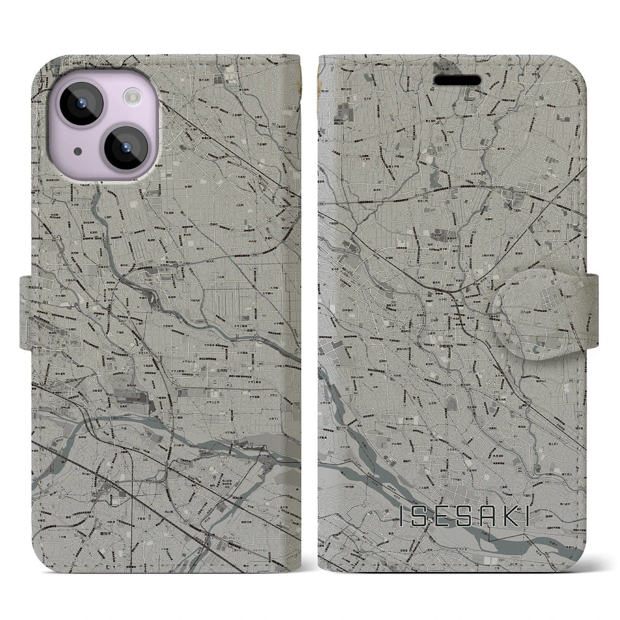 【伊勢崎(群馬県)】地図柄iPhoneケース(手帳タイプ)モノトーン・iPhone 14 用