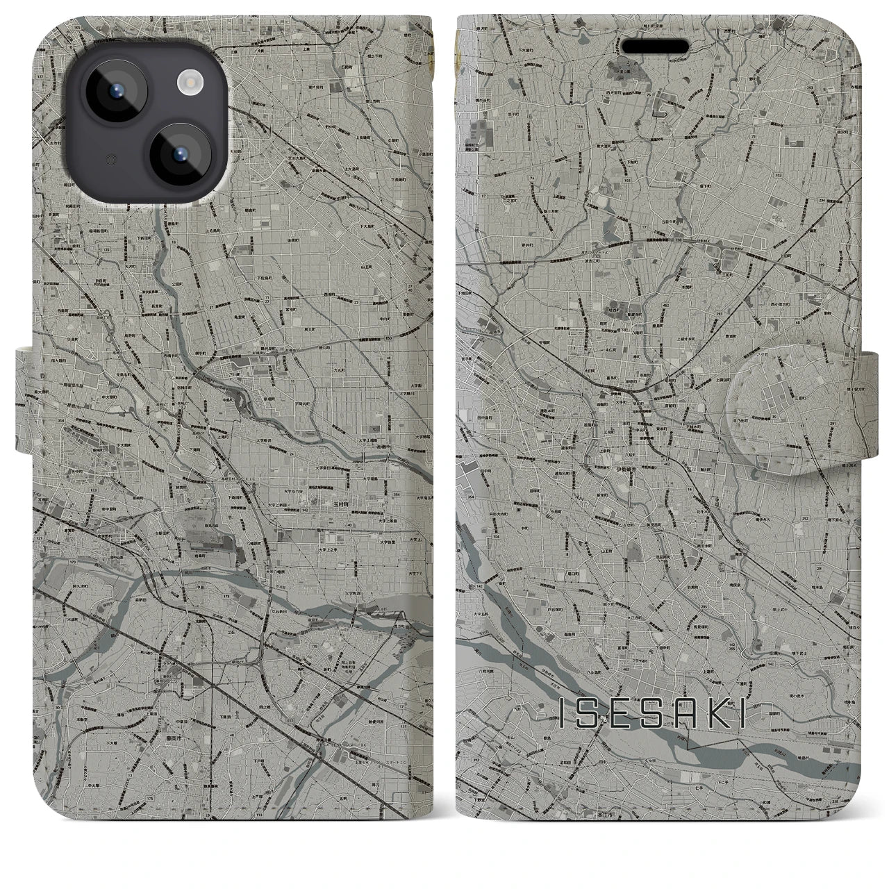 【伊勢崎(群馬県)】地図柄iPhoneケース(手帳タイプ)モノトーン・iPhone 14 Plus 用