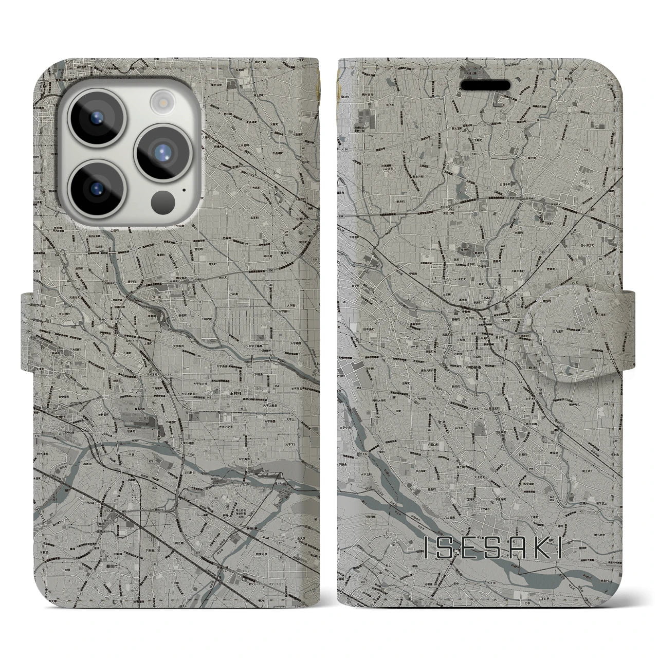 【伊勢崎(群馬県)】地図柄iPhoneケース(手帳タイプ)モノトーン・iPhone 15 Pro 用