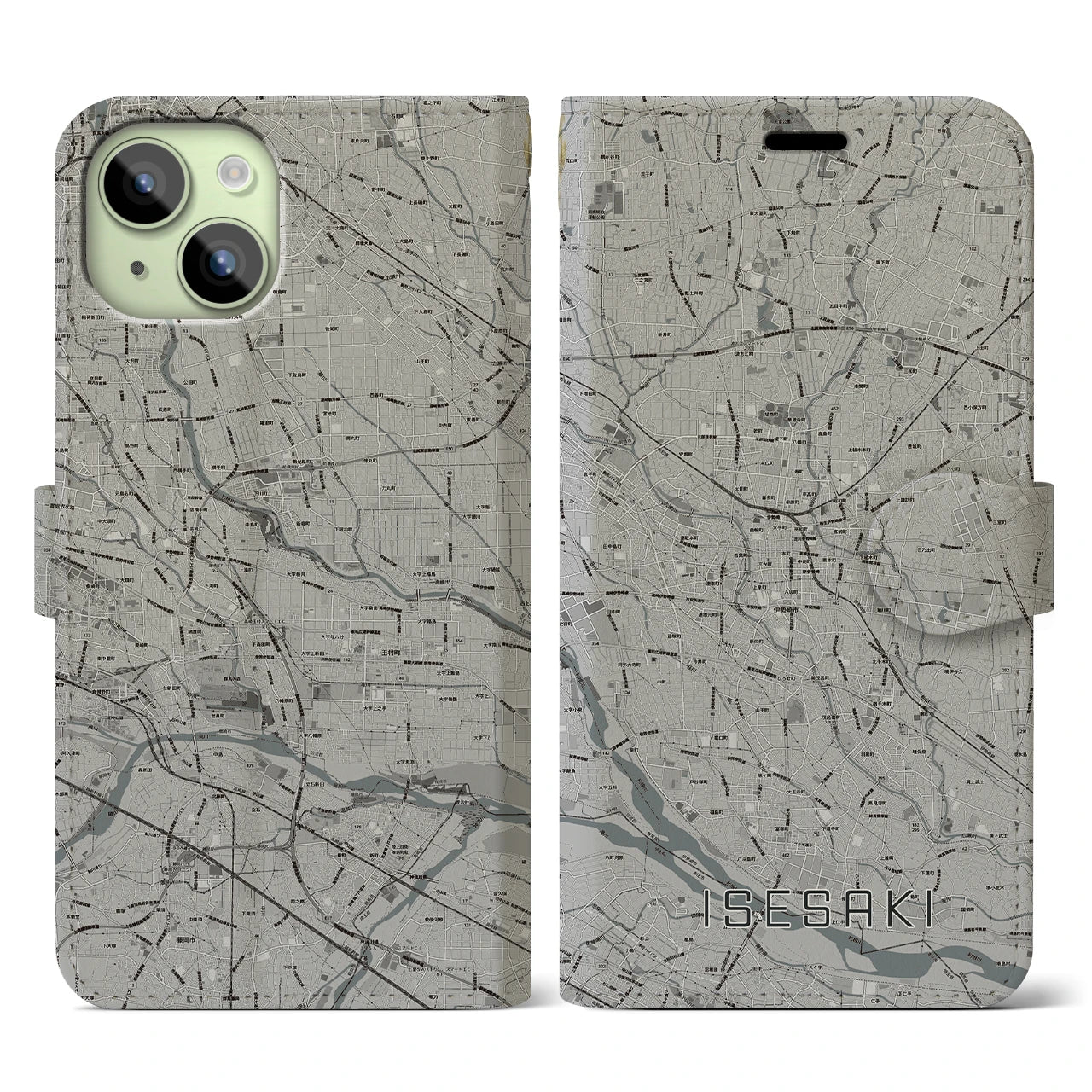 【伊勢崎(群馬県)】地図柄iPhoneケース(手帳タイプ)モノトーン・iPhone 15 用