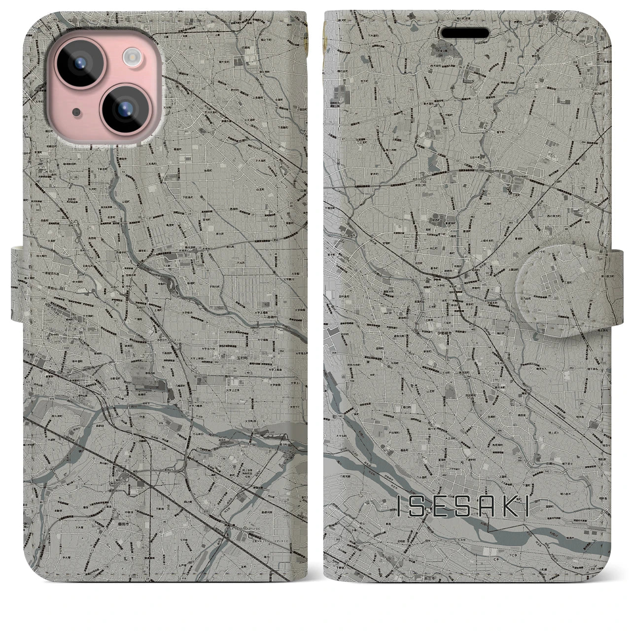 【伊勢崎(群馬県)】地図柄iPhoneケース(手帳タイプ)モノトーン・iPhone 15 Plus 用