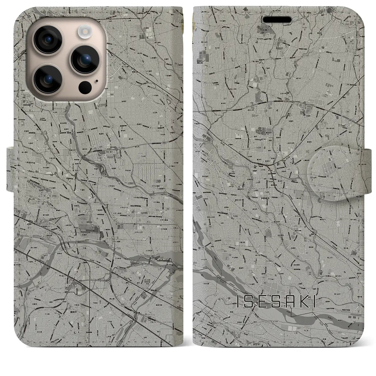 【伊勢崎(群馬県)】地図柄iPhoneケース(手帳タイプ)モノトーン・iPhone 16 Plus 用