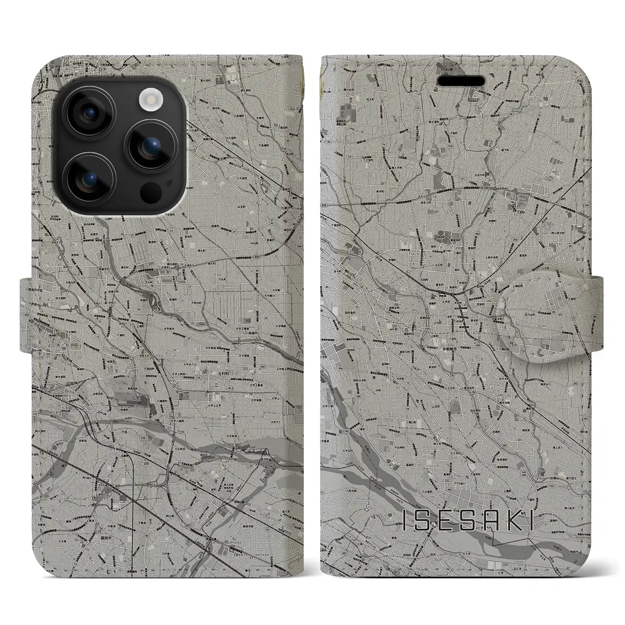 【伊勢崎(群馬県)】地図柄iPhoneケース(手帳タイプ)モノトーン・iPhone 16 用